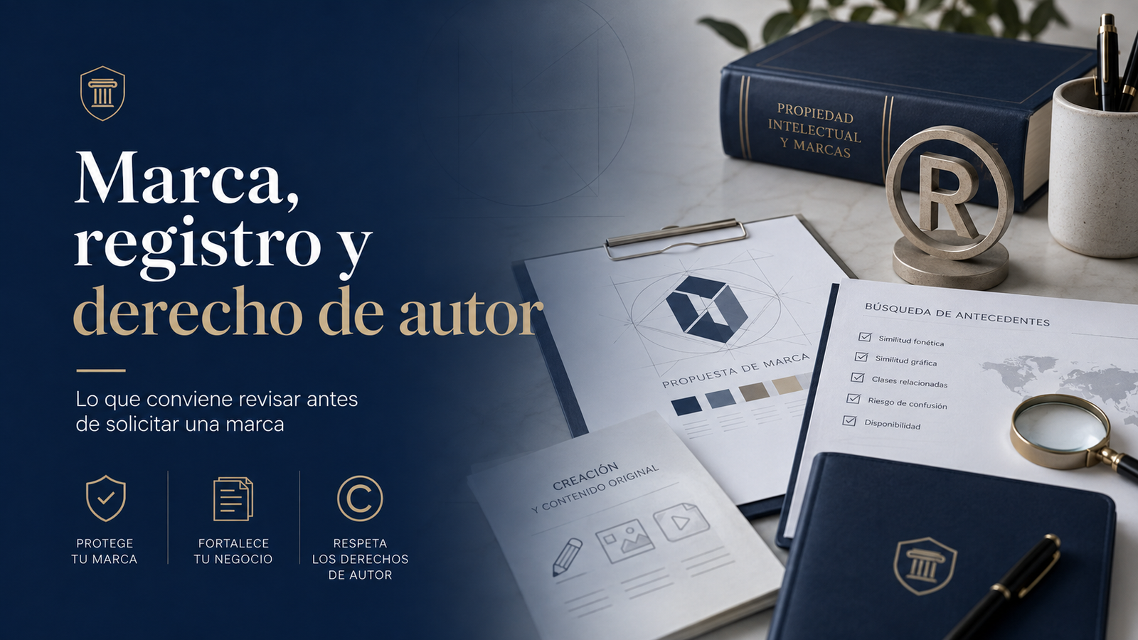 Marca, registro y derechos de autor como activos jurídicos y comerciales.